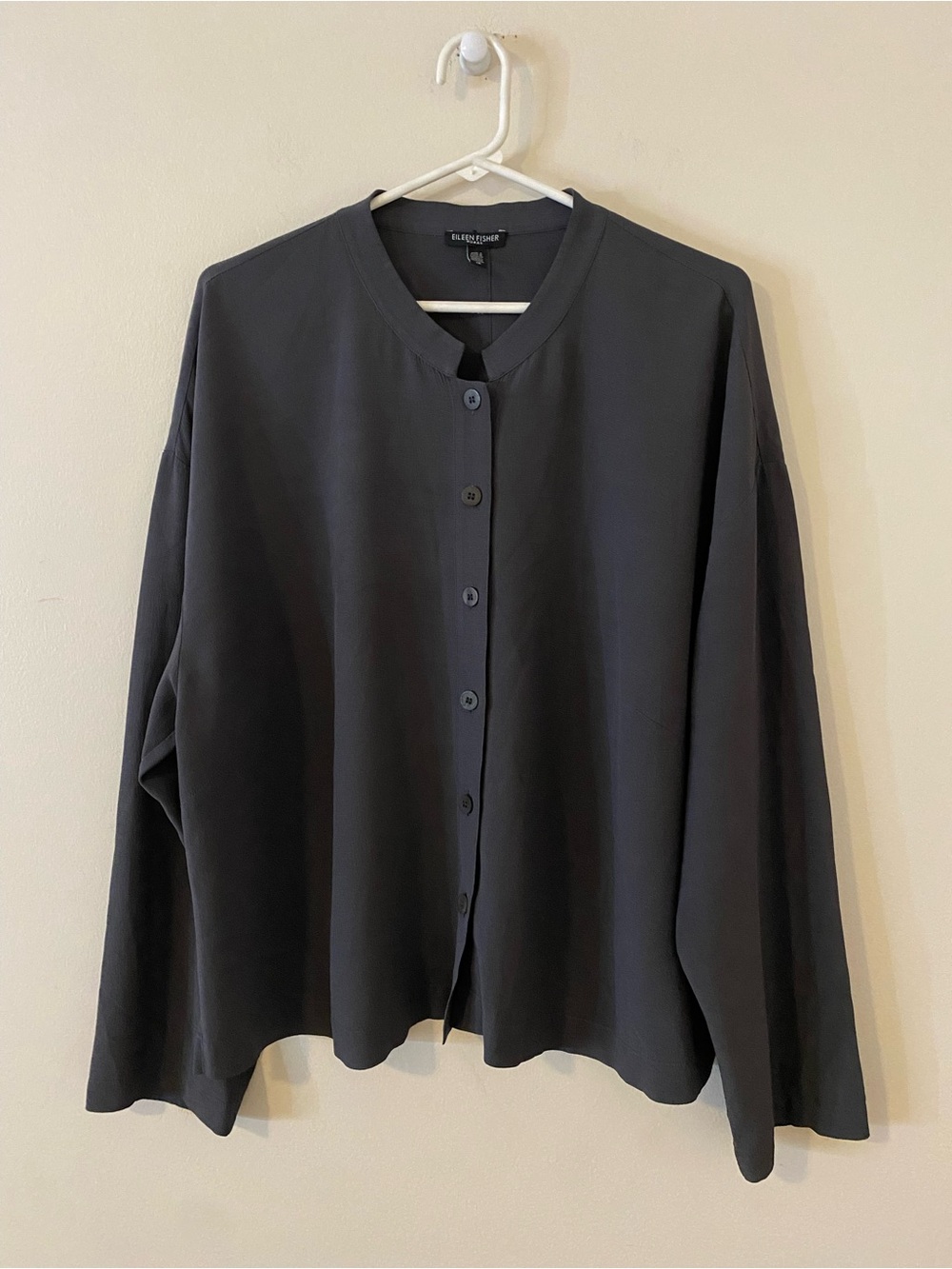 EILEEN FISHER Charcoal Collarless Button-Front Blouse Plus 1X
